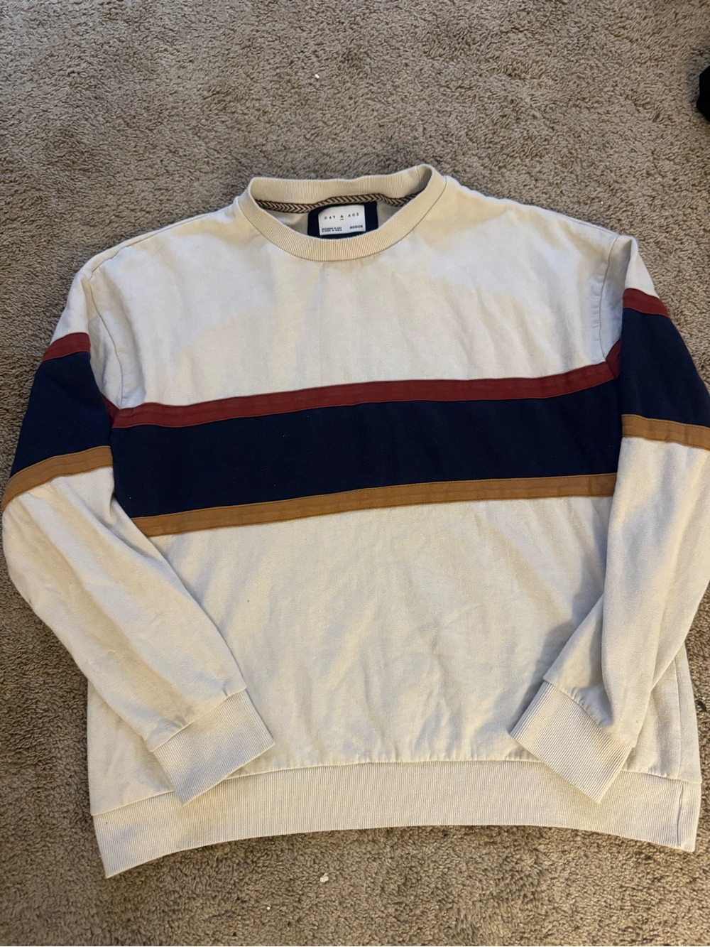 Men's Crewneck Stripe Sweater - Cream with Navy, Rust & Mustard Accents